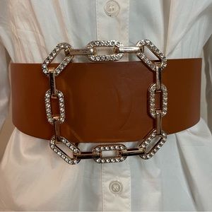 Plus size brown PU leather square gold tone buckle with rhinestones wide belt